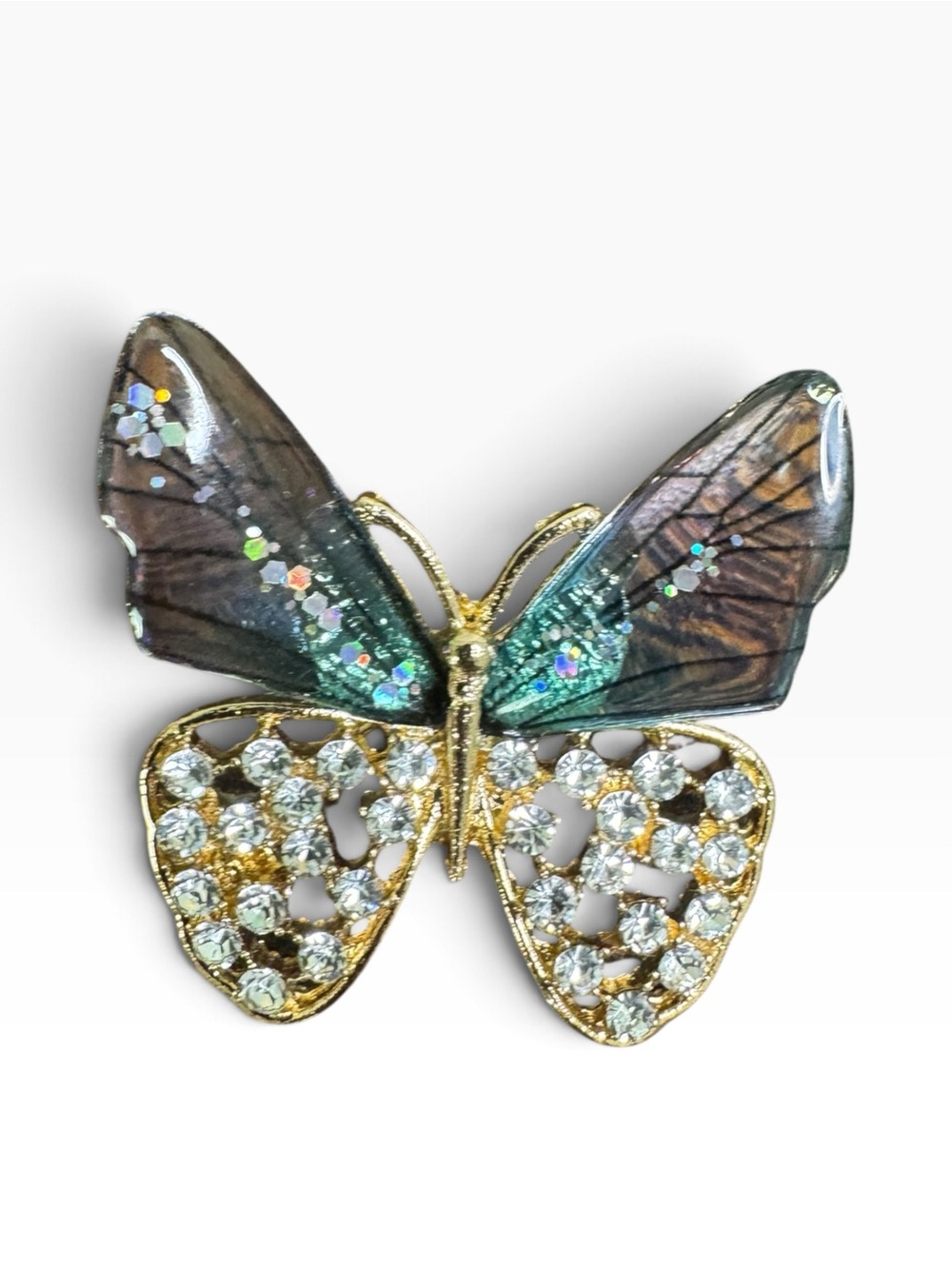 Gold Butterfly Brooch with Pink and Green Wings